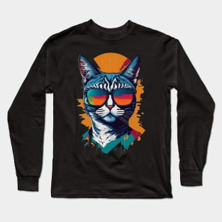 Vintage Vibes and Feline Flair Retro Cool Cat Long Sleeve T-Shirt